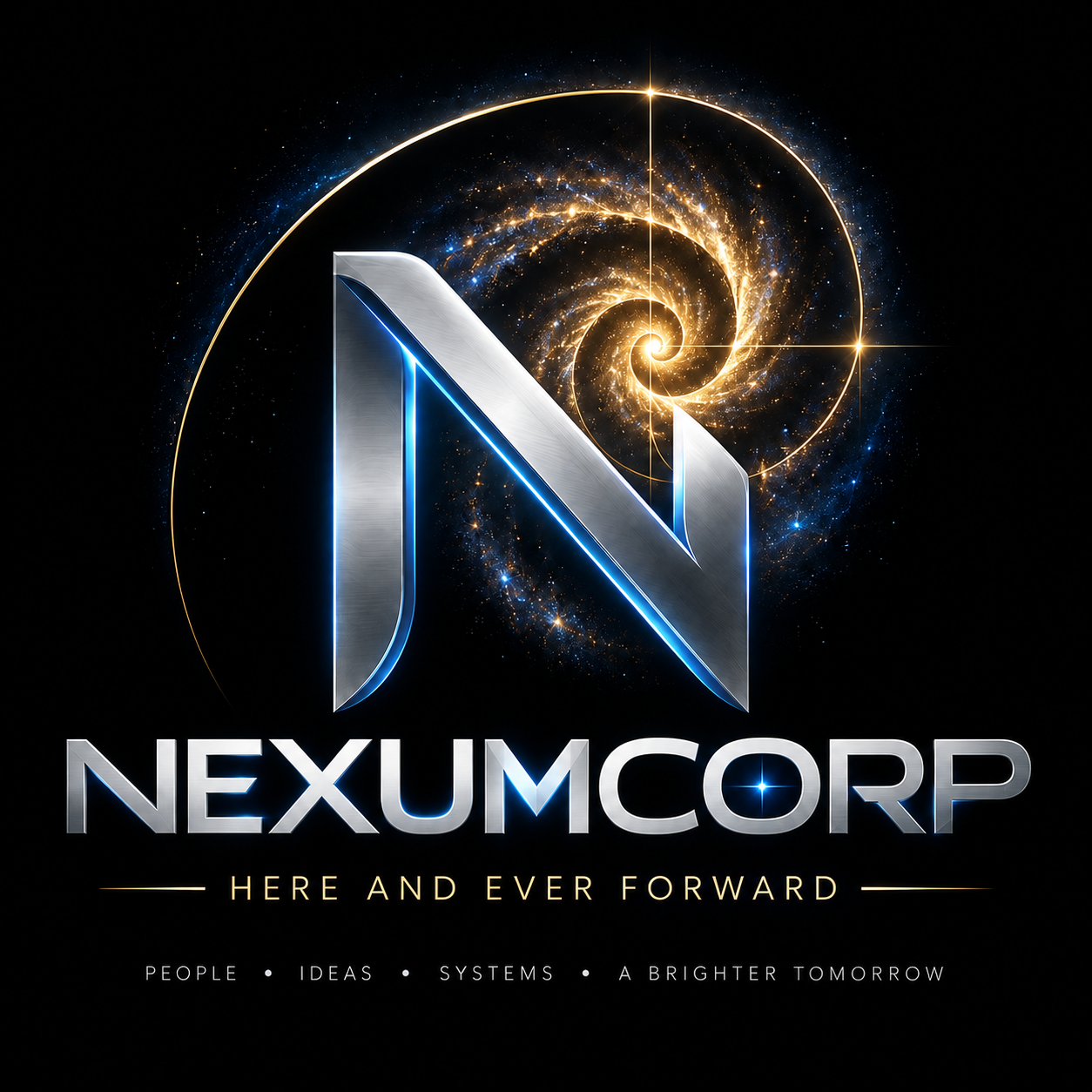 NexumCorp metallic N over a golden spiral galaxy, with a blue star in the O and the words Here and Ever Forward